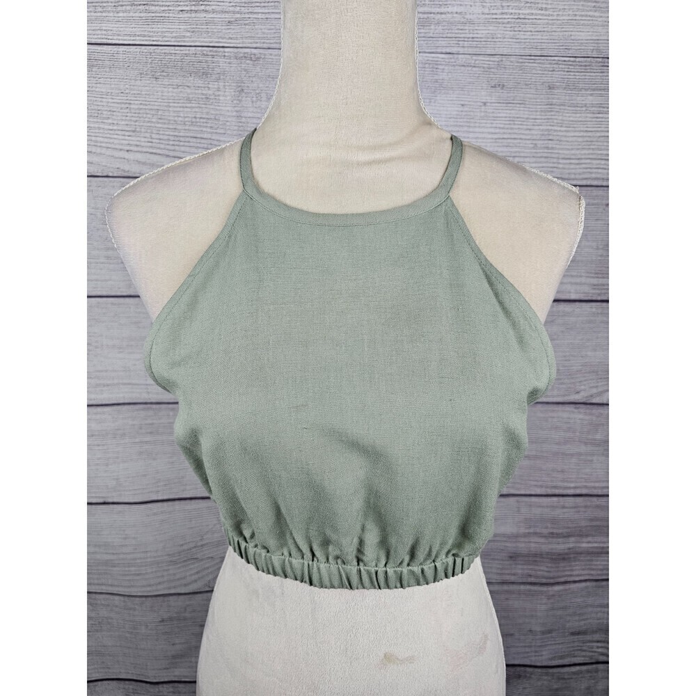 Cresent Linen Blend Elastic Waitband Halter Crop Top Green Size Small